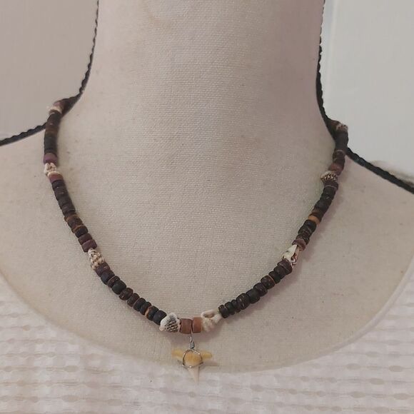 Seashells and Coconut Heishi Beads Necklace Sharkstooth Charm Hawaiian Surfer - Picture 1 of 6